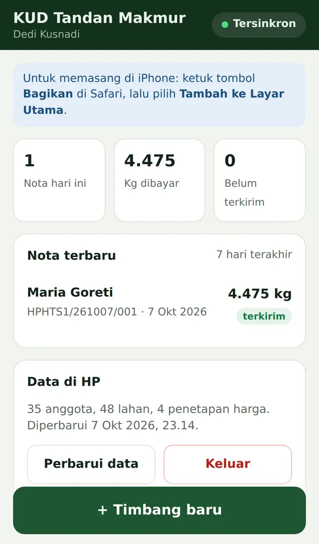 Aplikasi HP timbang: beranda petugas