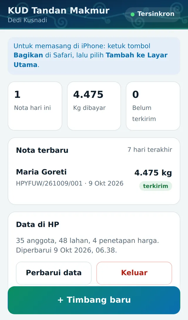 Aplikasi HP timbang: beranda petugas