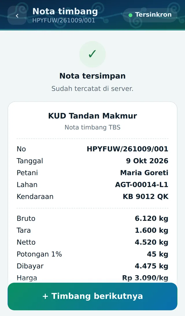 Aplikasi HP: nota timbang TBS